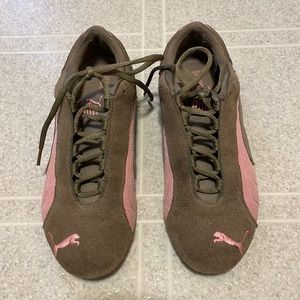 Tan and pink suede puma running shoes